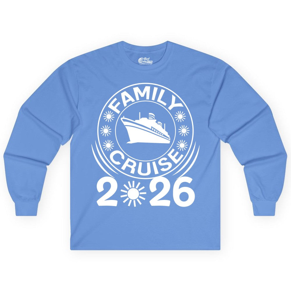 Family Cruise 2026 Shirt - Matching Family Cruise Trip Vacation Tees (Long Sleeve) in Carolina Blue - Family Cruise 2026 Shirt - Bold Ship and Playful Sun Vacation Design