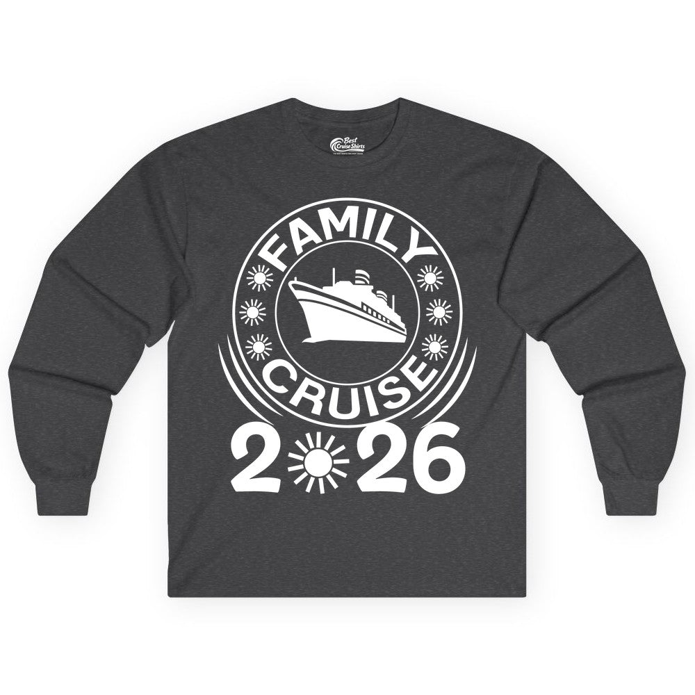 Family Cruise 2026 Shirt - Matching Family Cruise Trip Vacation Tees (Long Sleeve) in Dark Heather - Family Cruise 2026 Shirt - Bold Ship and Playful Sun Vacation Design