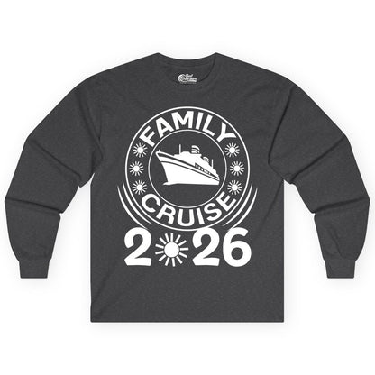 Family Cruise 2026 Shirt - Matching Family Cruise Trip Vacation Tees (Long Sleeve) in Dark Heather - Family Cruise 2026 Shirt - Bold Ship and Playful Sun Vacation Design