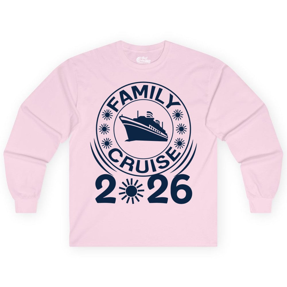 Family Cruise 2026 Shirt - Matching Family Cruise Trip Vacation Tees (Long Sleeve) in Light Pink - Family Cruise 2026 Shirt - Bold Ship and Playful Sun Vacation Design