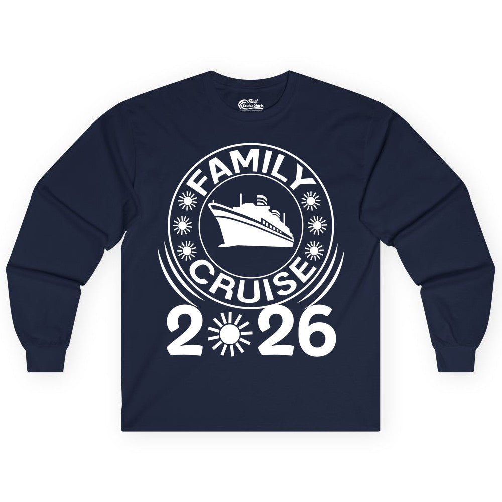 Family Cruise 2026 Shirt - Matching Family Cruise Trip Vacation Tees (Long Sleeve) in Navy - Family Cruise 2026 Shirt - Bold Ship and Playful Sun Vacation Design