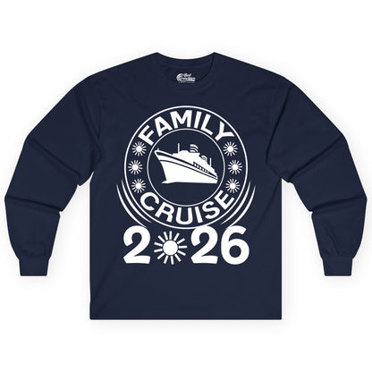 Family Cruise 2026 Shirt - Matching Family Cruise Trip Vacation Tees (Long Sleeve) in Navy - Family Cruise 2026 Shirt - Bold Ship and Playful Sun Vacation Design