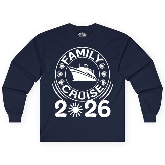 Family Cruise 2026 Shirt - Matching Family Cruise Trip Vacation Tees (Long Sleeve) in Navy - Family Cruise 2026 Shirt - Bold Ship and Playful Sun Vacation Design