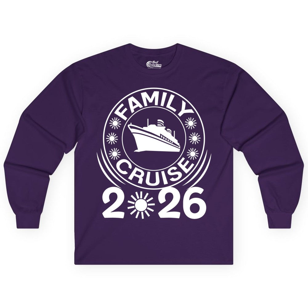 Family Cruise 2026 Shirt - Matching Family Cruise Trip Vacation Tees (Long Sleeve) in Purple - Family Cruise 2026 Shirt - Bold Ship and Playful Sun Vacation Design