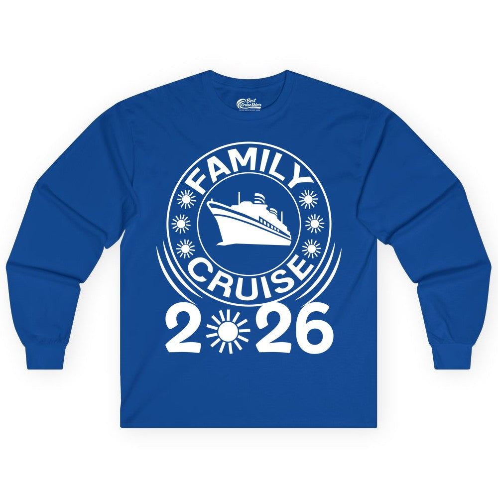 Family Cruise 2026 Shirt - Matching Family Cruise Trip Vacation Tees (Long Sleeve) in Royal - Family Cruise 2026 Shirt - Bold Ship and Playful Sun Vacation Design