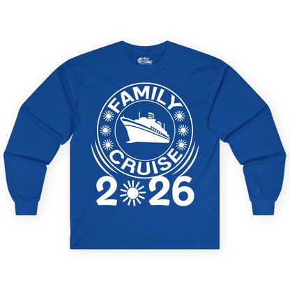 Family Cruise 2026 Shirt - Matching Family Cruise Trip Vacation Tees (Long Sleeve) in Royal - Family Cruise 2026 Shirt - Bold Ship and Playful Sun Vacation Design