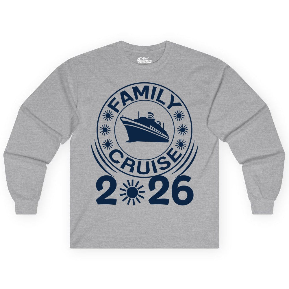 Family Cruise 2026 Shirt - Matching Family Cruise Trip Vacation Tees (Long Sleeve) in Sport Grey - Family Cruise 2026 Shirt - Bold Ship and Playful Sun Vacation Design