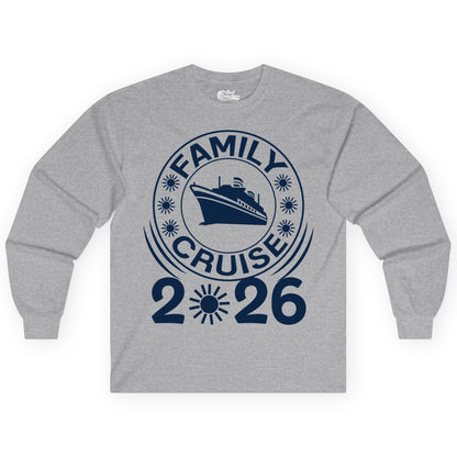 Family Cruise 2026 Shirt - Matching Family Cruise Trip Vacation Tees (Long Sleeve) in Sport Grey - Family Cruise 2026 Shirt - Bold Ship and Playful Sun Vacation Design
