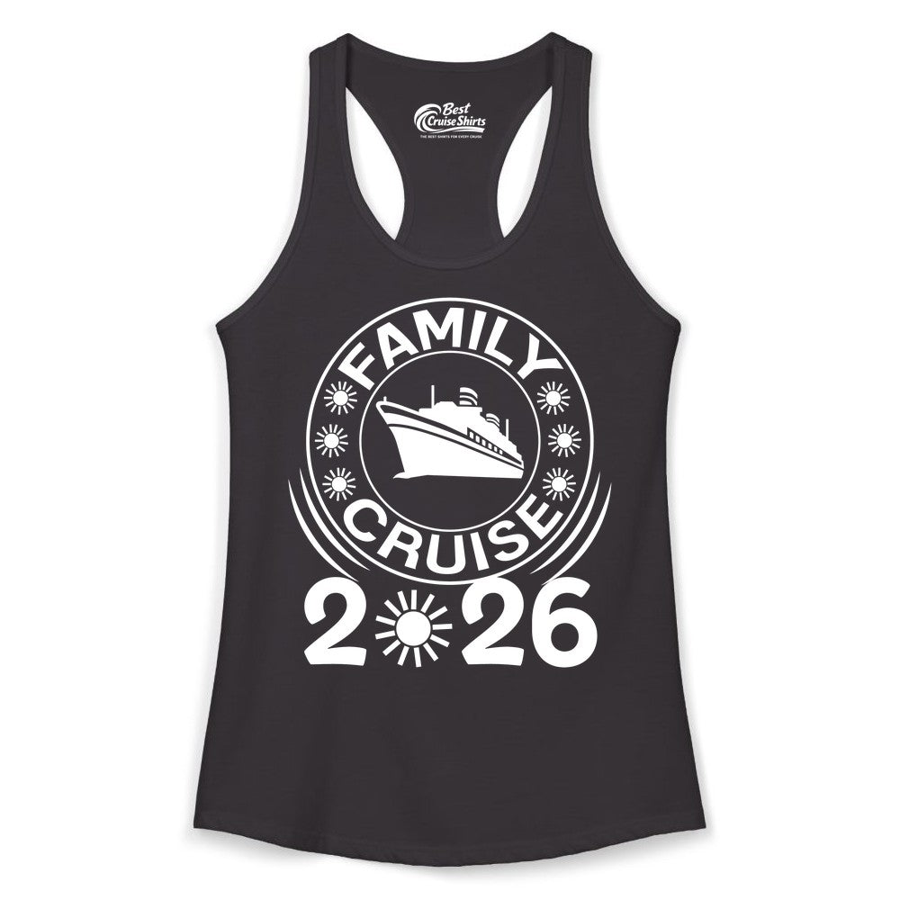 Family Cruise 2026 Shirt - Matching Family Cruise Trip Vacation Tees (Ladies Tank) in Black - Family Cruise 2026 Shirt - Bold Ship and Playful Sun Vacation Design