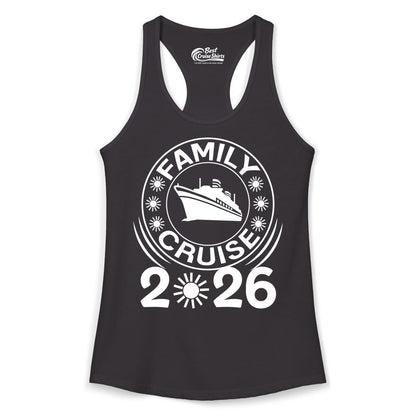 Family Cruise 2026 Shirt - Matching Family Cruise Trip Vacation Tees (Ladies Tank) in Black - Family Cruise 2026 Shirt - Bold Ship and Playful Sun Vacation Design