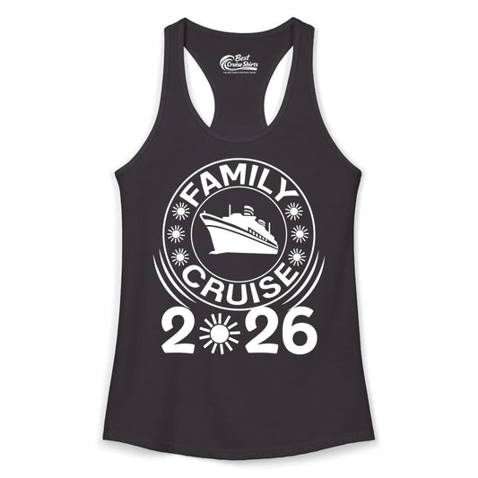 Family Cruise 2026 Shirt - Matching Family Cruise Trip Vacation Tees (Ladies Tank) in Black - Family Cruise 2026 Shirt - Bold Ship and Playful Sun Vacation Design