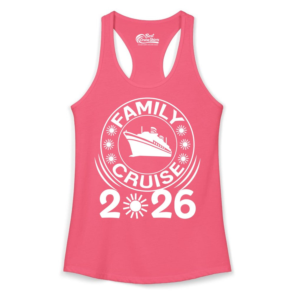 Family Cruise 2026 Shirt - Matching Family Cruise Trip Vacation Tees (Ladies Tank) in Hot Pink - Family Cruise 2026 Shirt - Bold Ship and Playful Sun Vacation Design