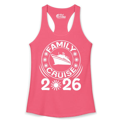 Family Cruise 2026 Shirt - Matching Family Cruise Trip Vacation Tees (Ladies Tank) in Hot Pink - Family Cruise 2026 Shirt - Bold Ship and Playful Sun Vacation Design