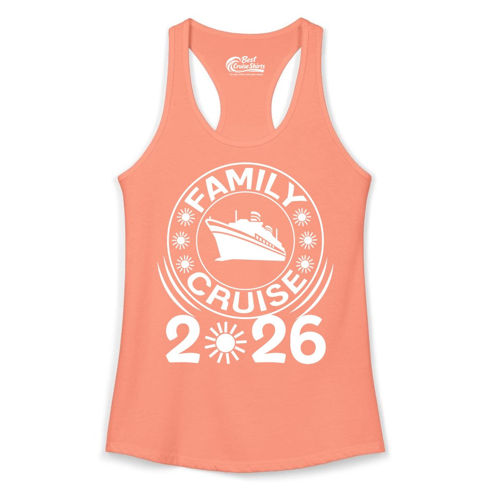 Family Cruise 2026 Shirt - Matching Family Cruise Trip Vacation Tees (Ladies Tank) in Solid Light Orange - Family Cruise 2026 Shirt - Bold Ship and Playful Sun Vacation Design
