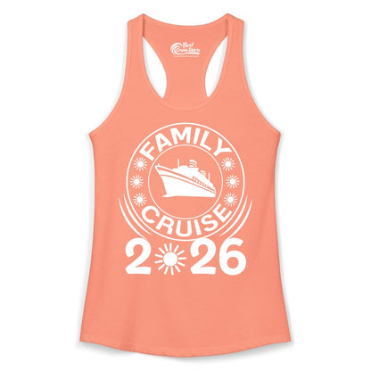 Family Cruise 2026 Shirt - Matching Family Cruise Trip Vacation Tees (Ladies Tank) in Solid Light Orange - Family Cruise 2026 Shirt - Bold Ship and Playful Sun Vacation Design