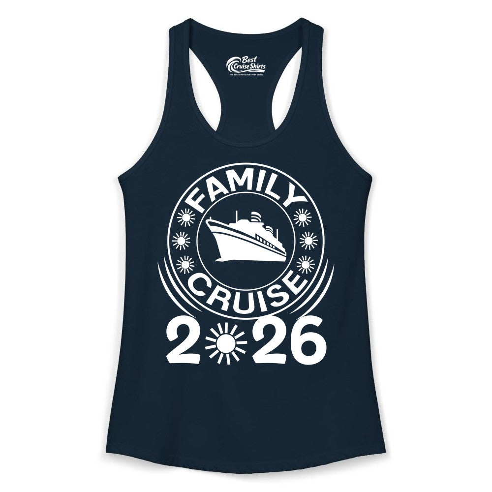 Family Cruise 2026 Shirt - Matching Family Cruise Trip Vacation Tees (Ladies Tank) in Solid Midnight Navy - Family Cruise 2026 Shirt - Bold Ship and Playful Sun Vacation Design