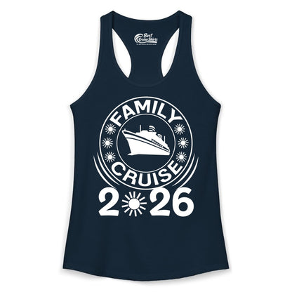 Family Cruise 2026 Shirt - Matching Family Cruise Trip Vacation Tees (Ladies Tank) in Solid Midnight Navy - Family Cruise 2026 Shirt - Bold Ship and Playful Sun Vacation Design