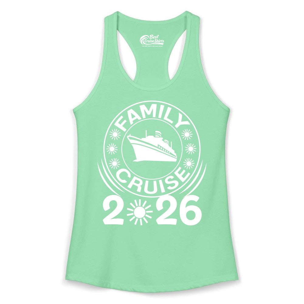 Family Cruise 2026 Shirt - Matching Family Cruise Trip Vacation Tees (Ladies Tank) in Solid Mint - Family Cruise 2026 Shirt - Bold Ship and Playful Sun Vacation Design