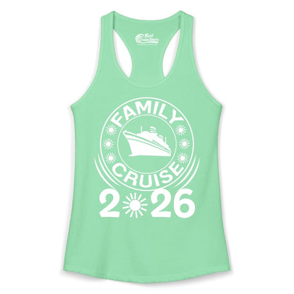 Family Cruise 2026 Shirt - Matching Family Cruise Trip Vacation Tees (Ladies Tank) in Solid Mint - Family Cruise 2026 Shirt - Bold Ship and Playful Sun Vacation Design