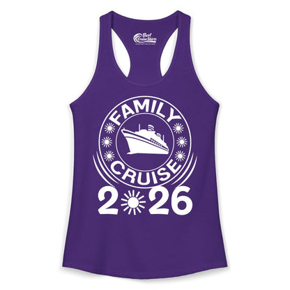 Family Cruise 2026 Shirt - Matching Family Cruise Trip Vacation Tees (Ladies Tank) in Solid Purple Rush - Family Cruise 2026 Shirt - Bold Ship and Playful Sun Vacation Design