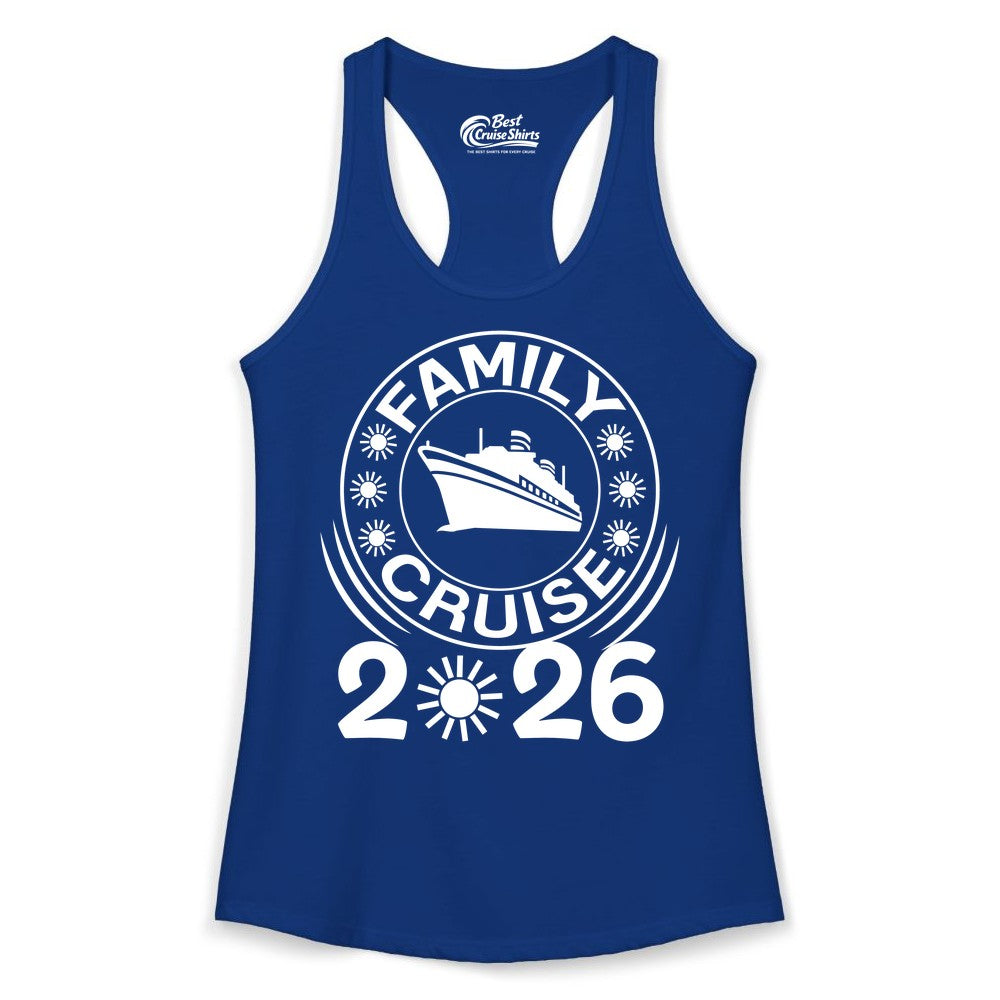 Family Cruise 2026 Shirt - Matching Family Cruise Trip Vacation Tees (Ladies Tank) in Solid Royal - Family Cruise 2026 Shirt - Bold Ship and Playful Sun Vacation Design
