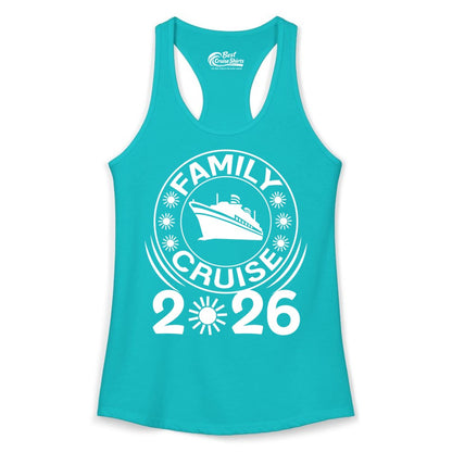 Family Cruise 2026 Shirt - Matching Family Cruise Trip Vacation Tees (Ladies Tank) in Tahiti Blue - Family Cruise 2026 Shirt - Bold Ship and Playful Sun Vacation Design