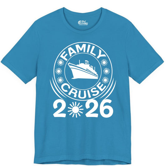 Family Cruise 2026 Shirt - Matching Family Cruise Trip Vacation Tees (Premium Tee) in Aqua - Family Cruise 2026 Shirt - Bold Ship and Playful Sun Vacation Design