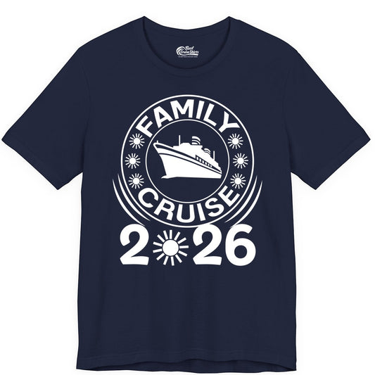Family Cruise 2026 Shirt - Matching Family Cruise Trip Vacation Tees (Premium Tee) in Navy - Family Cruise 2026 Shirt - Bold Ship and Playful Sun Vacation Design