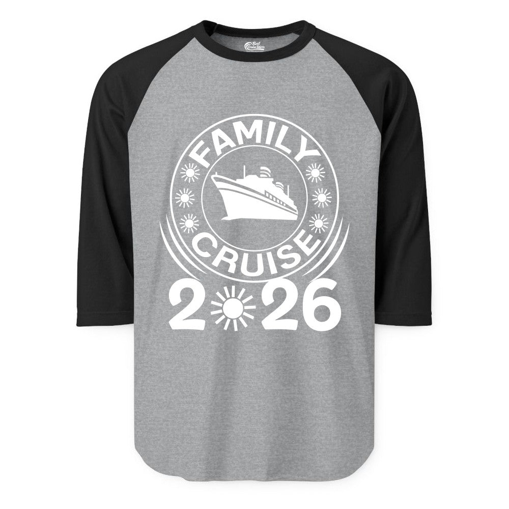 Family Cruise 2026 Shirt - Matching Family Cruise Trip Vacation Tees (Raglan) in Heather GreyBlack - Family Cruise 2026 Shirt - Bold Ship and Playful Sun Vacation Design