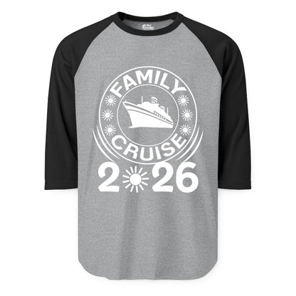 Family Cruise 2026 Shirt - Matching Family Cruise Trip Vacation Tees (Raglan) in Heather GreyBlack - Family Cruise 2026 Shirt - Bold Ship and Playful Sun Vacation Design