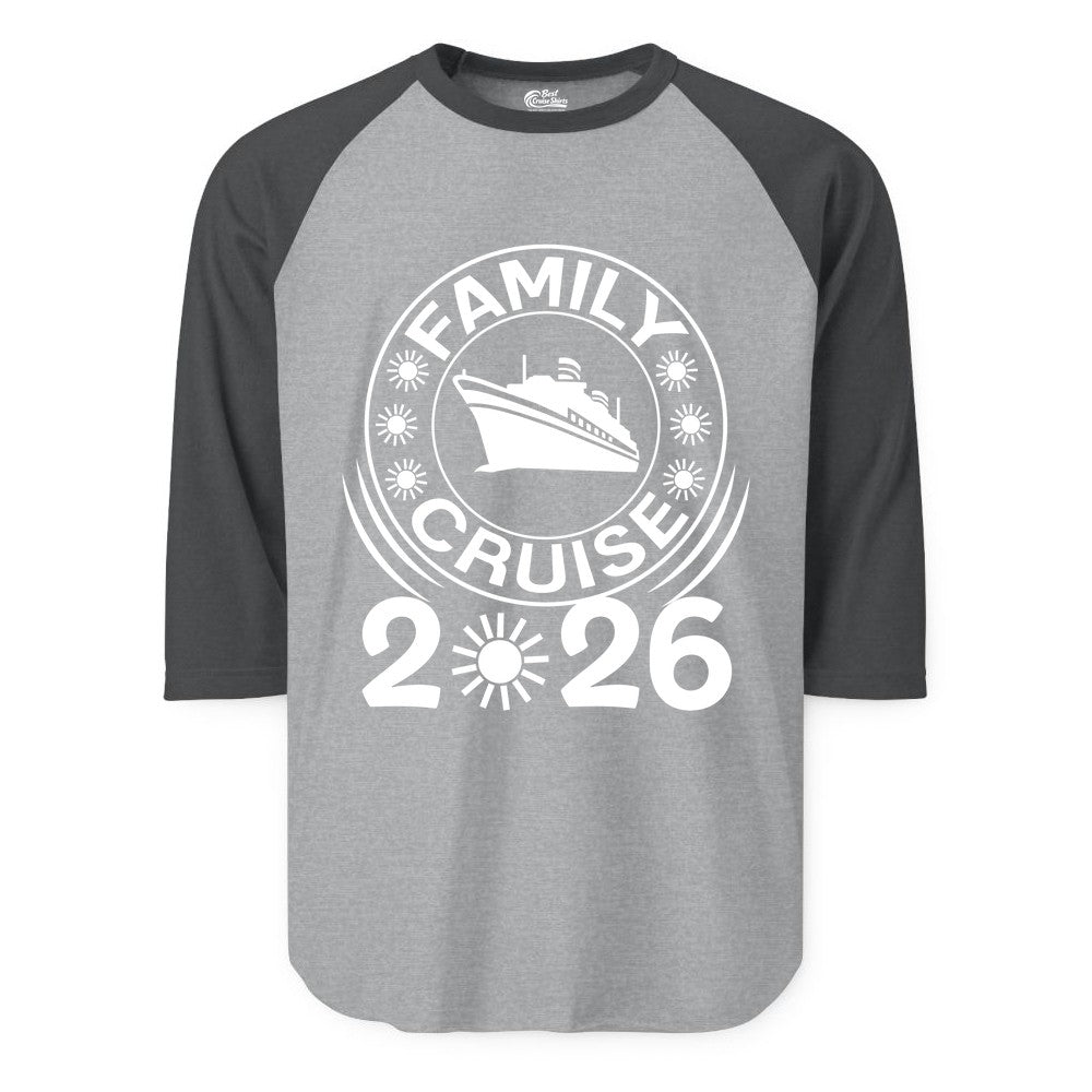 Family Cruise 2026 Shirt - Matching Family Cruise Trip Vacation Tees (Raglan) in Heather GreyHeather Charcoal - Family Cruise 2026 Shirt - Bold Ship and Playful Sun Vacation Design