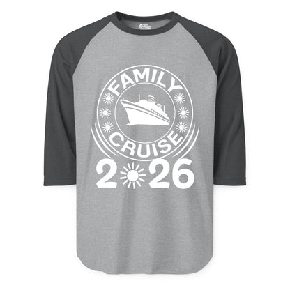 Family Cruise 2026 Shirt - Matching Family Cruise Trip Vacation Tees (Raglan) in Heather GreyHeather Charcoal - Family Cruise 2026 Shirt - Bold Ship and Playful Sun Vacation Design
