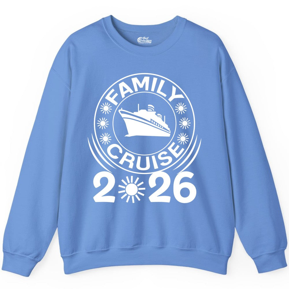 Family Cruise 2026 Shirt - Matching Family Cruise Trip Vacation Tees (Sweatshirt) in Carolina Blue - Family Cruise 2026 Shirt - Bold Ship and Playful Sun Vacation Design