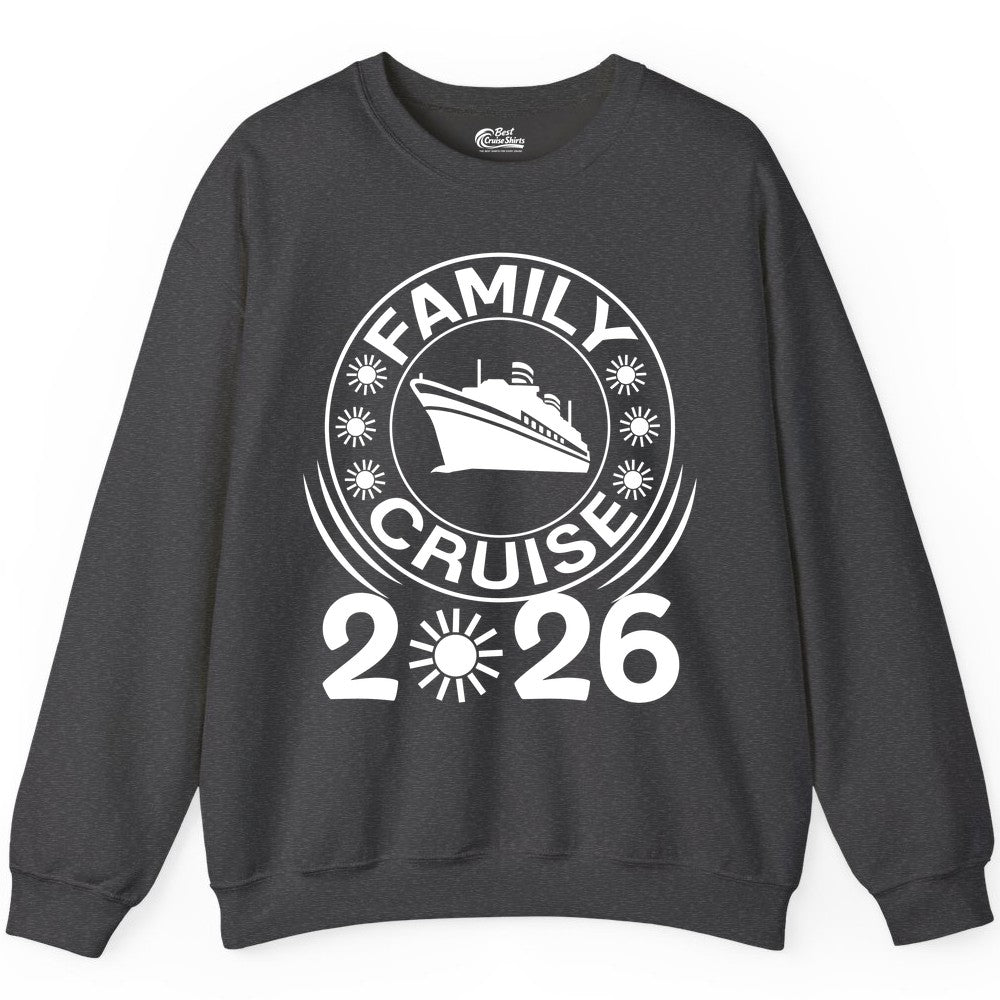 Family Cruise 2026 Shirt - Matching Family Cruise Trip Vacation Tees (Sweatshirt) in Dark Heather - Family Cruise 2026 Shirt - Bold Ship and Playful Sun Vacation Design