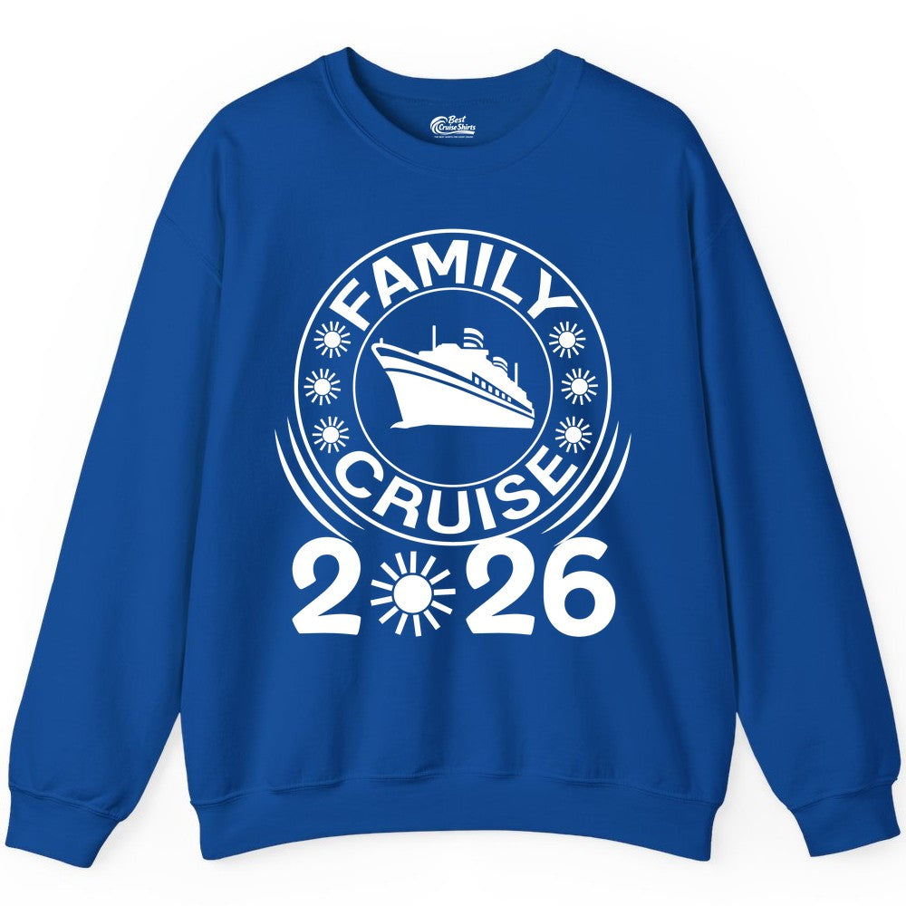 Family Cruise 2026 Shirt - Matching Family Cruise Trip Vacation Tees (Sweatshirt) in Royal - Family Cruise 2026 Shirt - Bold Ship and Playful Sun Vacation Design