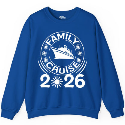 Family Cruise 2026 Shirt - Matching Family Cruise Trip Vacation Tees (Sweatshirt) in Royal - Family Cruise 2026 Shirt - Bold Ship and Playful Sun Vacation Design