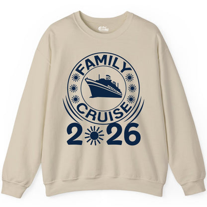 Family Cruise 2026 Shirt - Matching Family Cruise Trip Vacation Tees (Sweatshirt) in Sand - Family Cruise 2026 Shirt - Bold Ship and Playful Sun Vacation Design