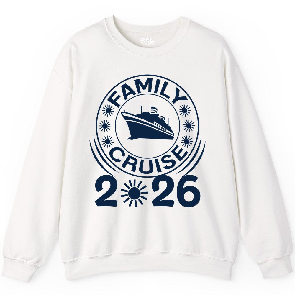 Family Cruise 2026 Shirt - Matching Family Cruise Trip Vacation Tees (Sweatshirt) in White - Family Cruise 2026 Shirt - Bold Ship and Playful Sun Vacation Design