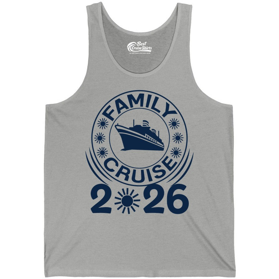 Family Cruise 2026 Shirt - Matching Family Cruise Trip Vacation Tees (Tank Top) in Athletic Heather - Family Cruise 2026 Shirt - Bold Ship and Playful Sun Vacation Design