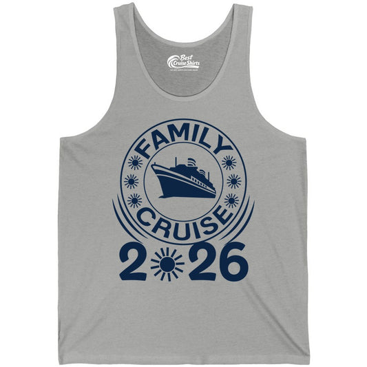 Family Cruise 2026 Shirt - Matching Family Cruise Trip Vacation Tees (Tank Top) in Athletic Heather - Family Cruise 2026 Shirt - Bold Ship and Playful Sun Vacation Design