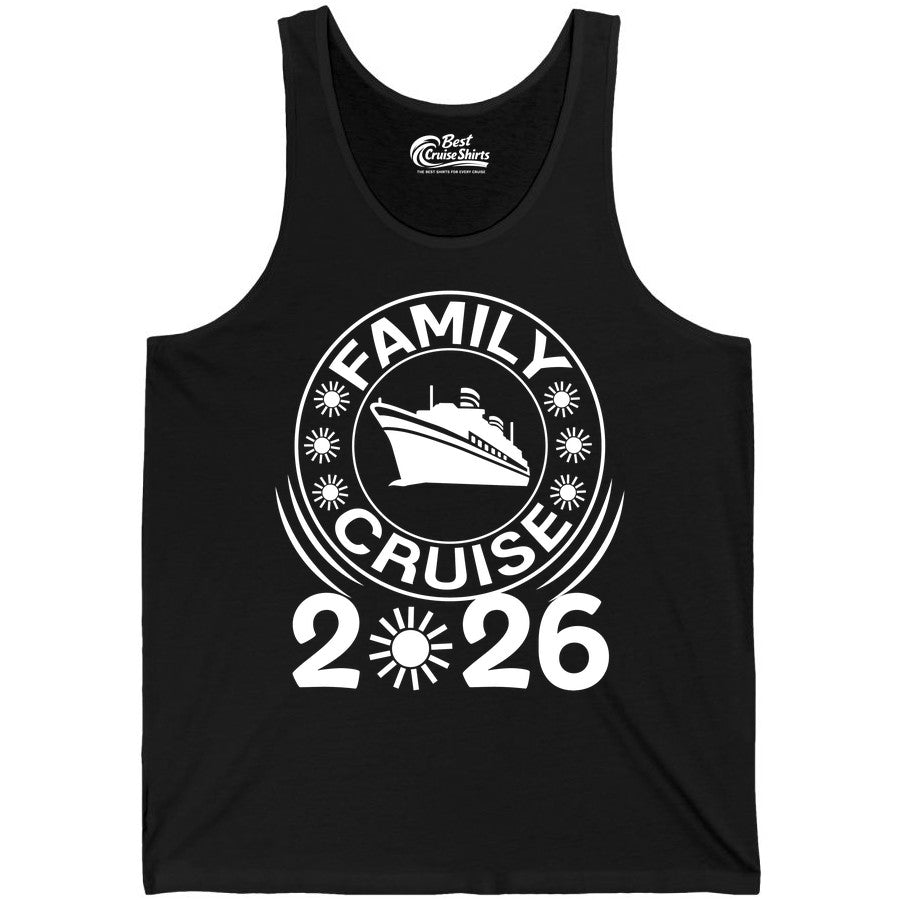 Family Cruise 2026 Shirt - Matching Family Cruise Trip Vacation Tees (Tank Top) in Black - Family Cruise 2026 Shirt - Bold Ship and Playful Sun Vacation Design
