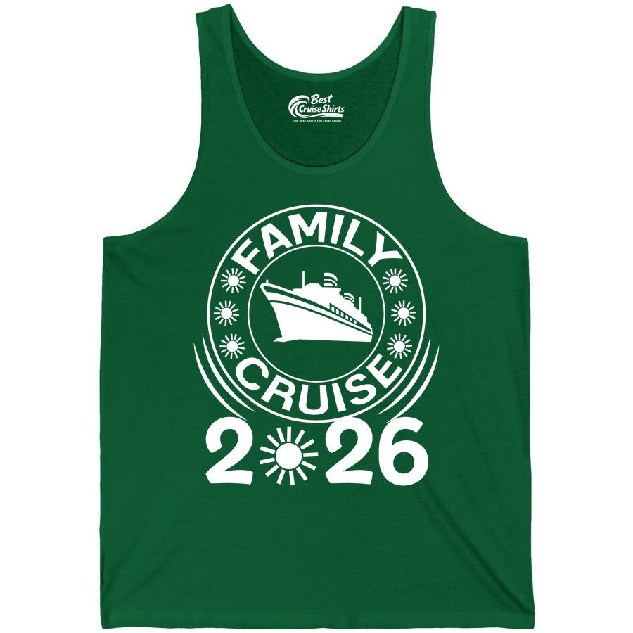 Family Cruise 2026 Shirt - Matching Family Cruise Trip Vacation Tees (Tank Top) in Kelly - Family Cruise 2026 Shirt - Bold Ship and Playful Sun Vacation Design