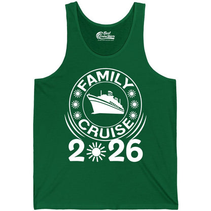 Family Cruise 2026 Shirt - Matching Family Cruise Trip Vacation Tees (Tank Top) in Kelly - Family Cruise 2026 Shirt - Bold Ship and Playful Sun Vacation Design