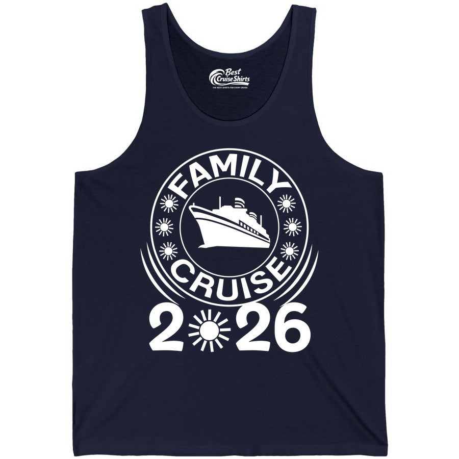 Family Cruise 2026 Shirt - Matching Family Cruise Trip Vacation Tees (Tank Top) in Navy - Family Cruise 2026 Shirt - Bold Ship and Playful Sun Vacation Design