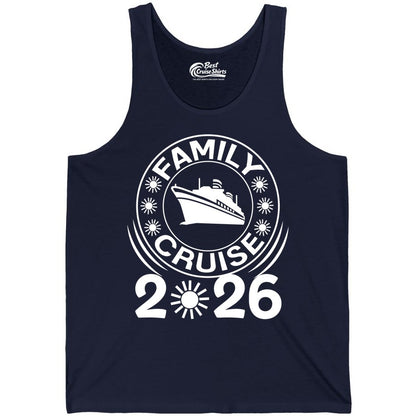 Family Cruise 2026 Shirt - Matching Family Cruise Trip Vacation Tees (Tank Top) in Navy - Family Cruise 2026 Shirt - Bold Ship and Playful Sun Vacation Design