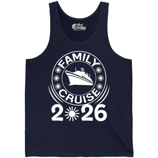 Family Cruise 2026 Shirt - Matching Family Cruise Trip Vacation Tees (Tank Top) in Navy - Family Cruise 2026 Shirt - Bold Ship and Playful Sun Vacation Design
