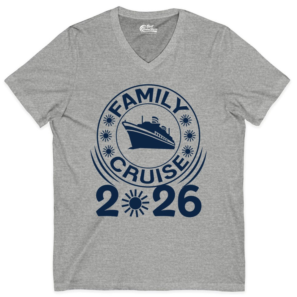Family Cruise 2026 Shirt - Matching Family Cruise Trip Vacation Tees (V-Neck) in Athletic Heather - Family Cruise 2026 Shirt - Bold Ship and Playful Sun Vacation Design