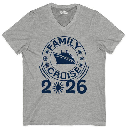 Family Cruise 2026 Shirt - Matching Family Cruise Trip Vacation Tees (V-Neck) in Athletic Heather - Family Cruise 2026 Shirt - Bold Ship and Playful Sun Vacation Design