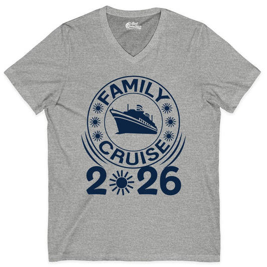 Family Cruise 2026 Shirt - Matching Family Cruise Trip Vacation Tees (V-Neck) in Athletic Heather - Family Cruise 2026 Shirt - Bold Ship and Playful Sun Vacation Design