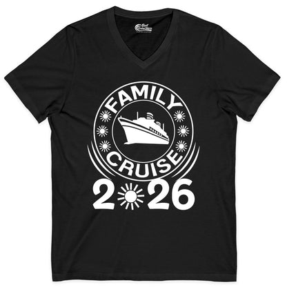 Family Cruise 2026 Shirt - Matching Family Cruise Trip Vacation Tees (V-Neck) in Black - Family Cruise 2026 Shirt - Bold Ship and Playful Sun Vacation Design